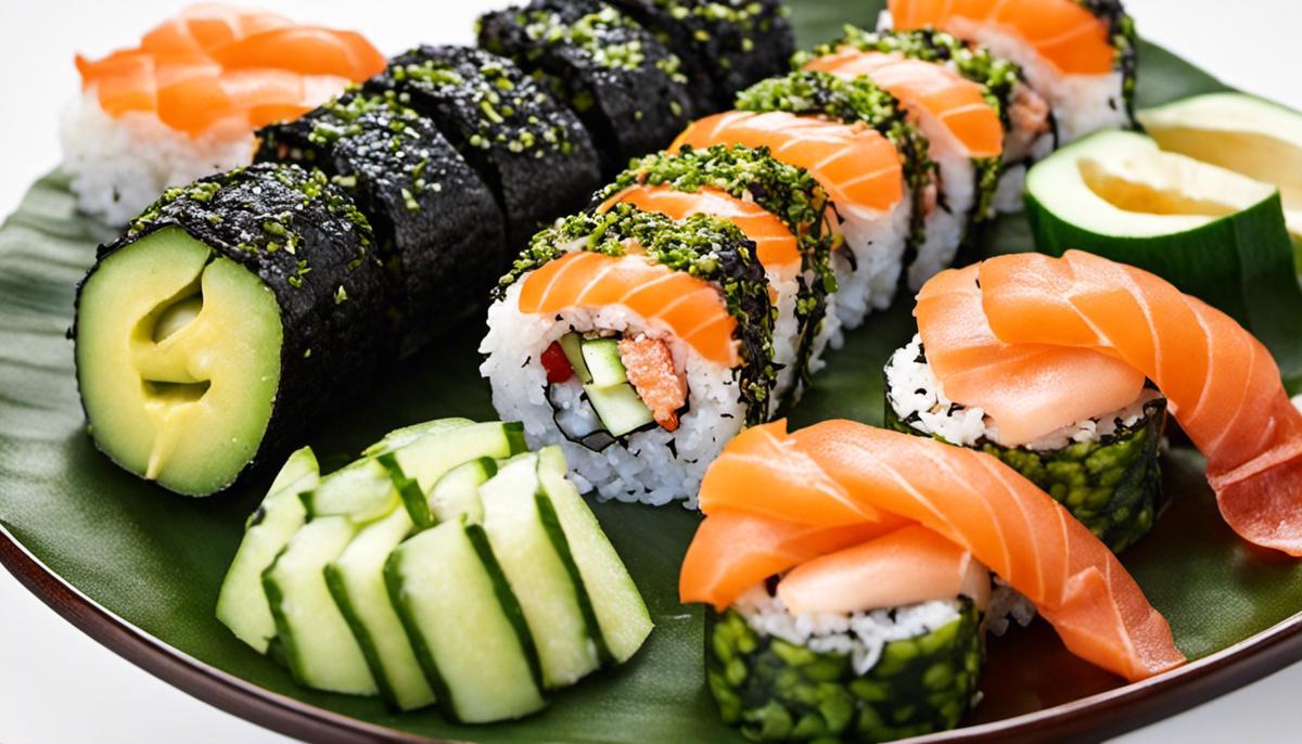 Un bild de sushi California Roll, con aguacate, cangrejo surimi y pepino, envuelto en arroz de sushi y nori.