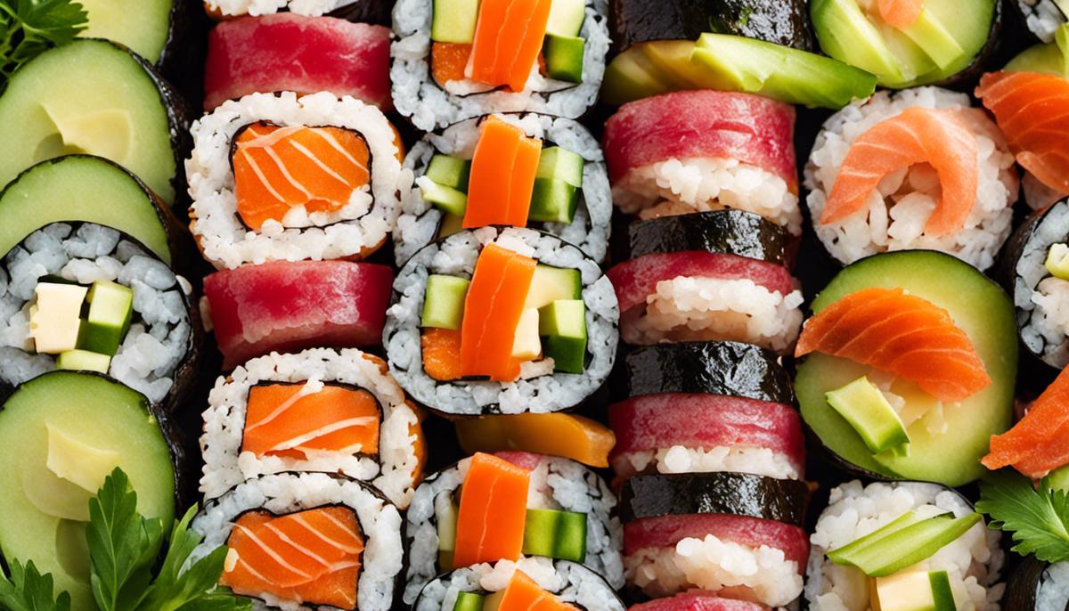 Una imagen en primer plano de rollos de sushi bellamente dispuestos con colores vibrantes e ingredientes frescos