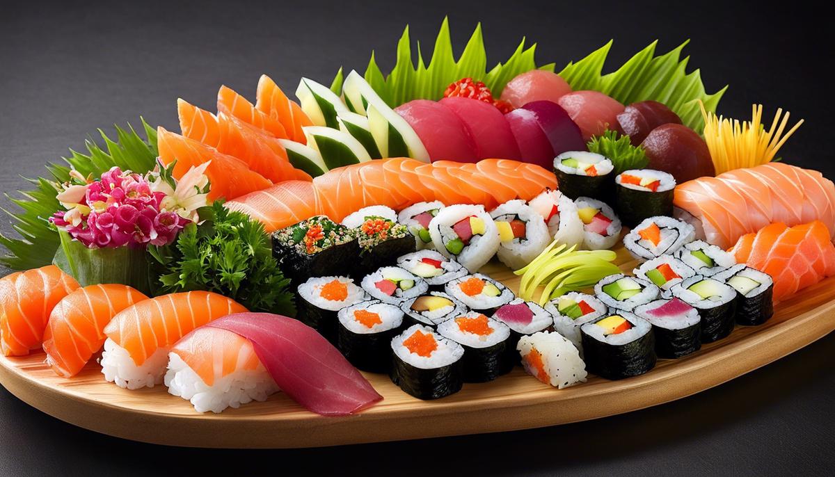 Una imagen de un plato de sushi bellamente arreglado, que muestra los ingredientes coloridos y frescos.