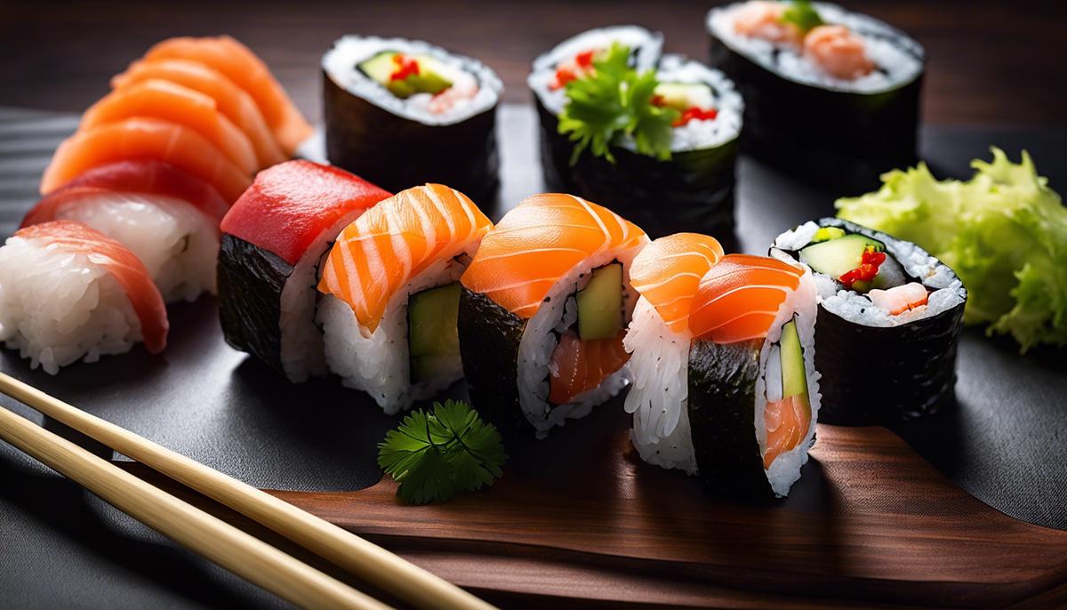 Bildbeschreibung: Marken entscheiden sich, Sushi in ihre Werbestrategien einzubinden. Bild von Sushi-Rollen mit frischem Fisch und Gemüse, kunstvoll und ästhetisch präsentiert. Eine visuell ansprechende Darstellung des Luxus und der Feinkost von Sushi.