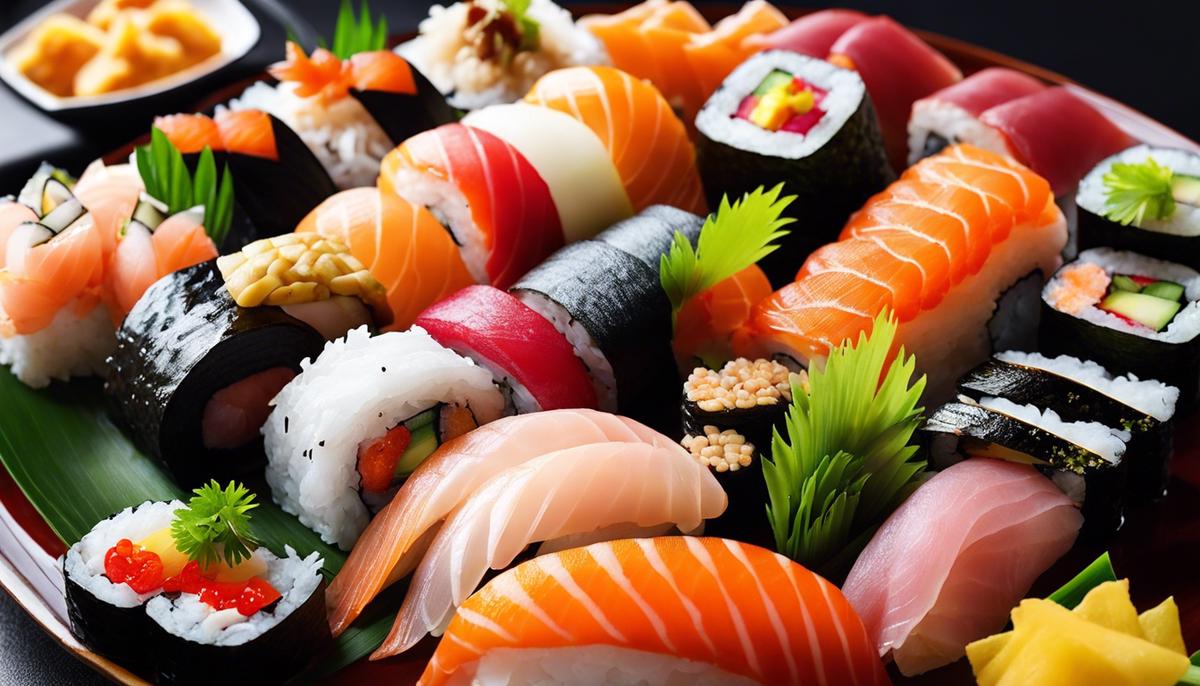 A plate with various types of sushi, showcasing the beauty and diversity of Japanese cuisine