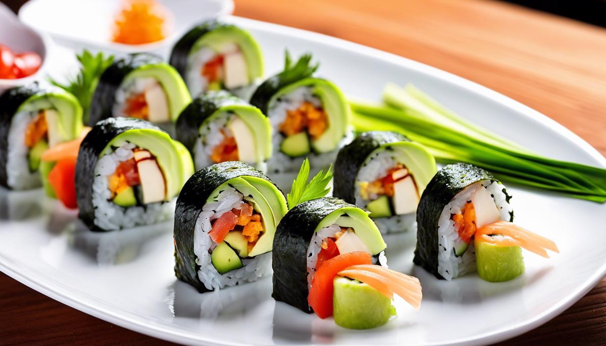Deliciosos rollos de sushi de aguacate bellamente presentados en un plato blanco