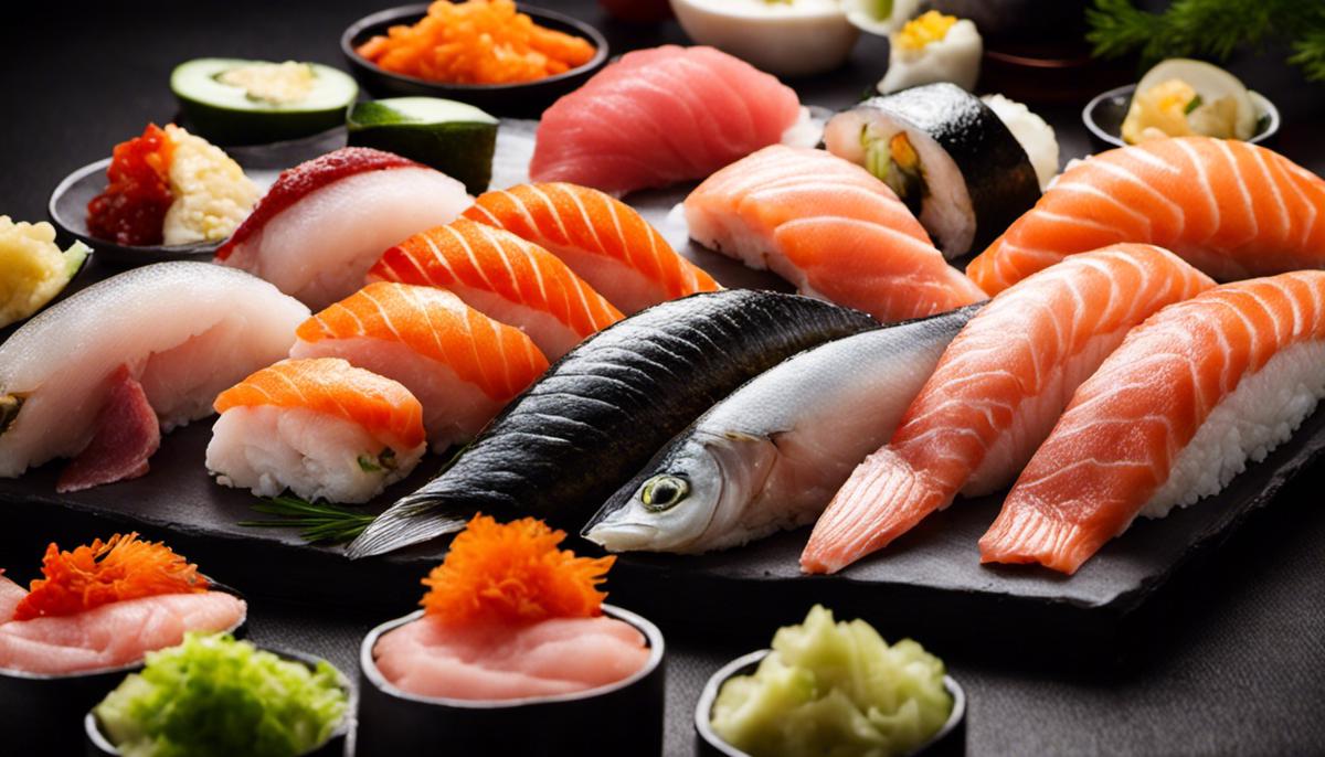 Imagen de una variedad de pescado fresco, cada uno cortado y preparado de manera diferente, que muestra la importancia de los ingredientes de alta calidad en el Nigiri-Sushi.