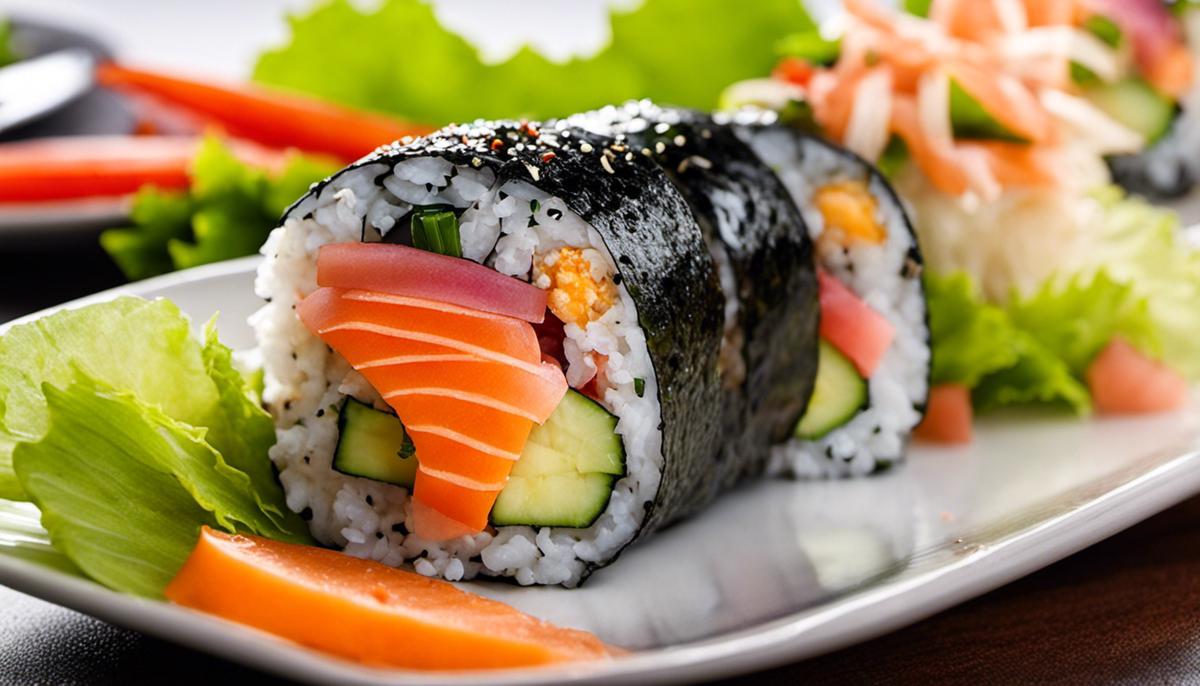 California Roll con una variedad de ingredientes coloridos, que representan las posibilidades modernas y creativas de este rollo de sushi.
