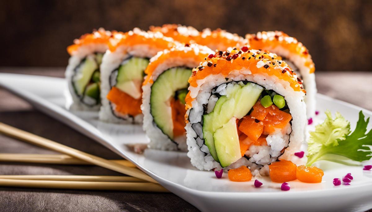 Image of a California Roll Deluxe with fish and exotic fruits, showing a modern and creative display.