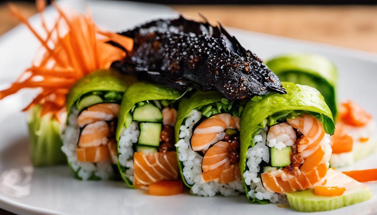 Una imagen en primer plano de un sushi de rollo de dragón. El rollo tiene una capa exterior verde hecha de aguacate, con camarones, pepino y anguila en su interior. Se cubre con una salsa oscura y se adorna con huevos de pescado y rodajas de zanahoria, creando una apariencia de dragón. El sushi es visualmente atractivo y representa los sabores únicos y el arte del rollo de dragón.