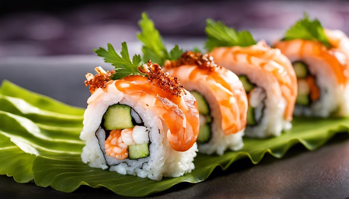 A close-up image of a beautifully presented dragon roll sushi, filled with creamy eel, crisp cucumber, sweet avocado, and topped with delicate shrimp or crab.