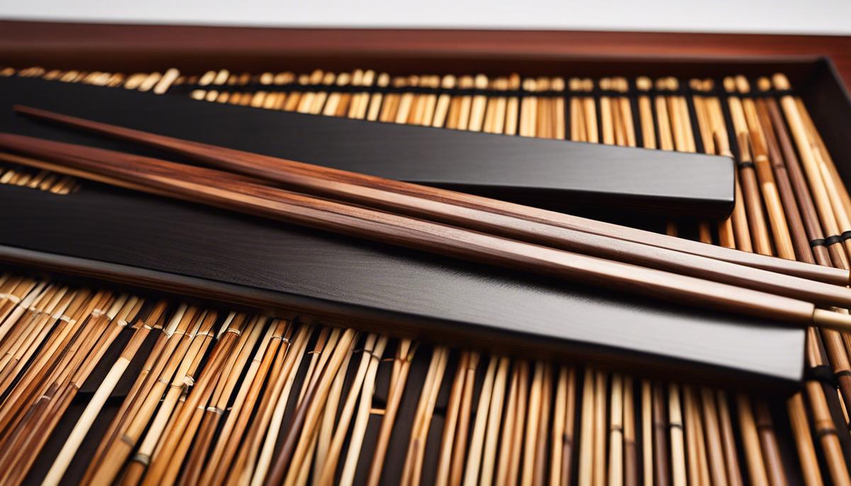A pair of wooden chopsticks lying on a bamboo mat, representing the traditional Japanese dining culture.