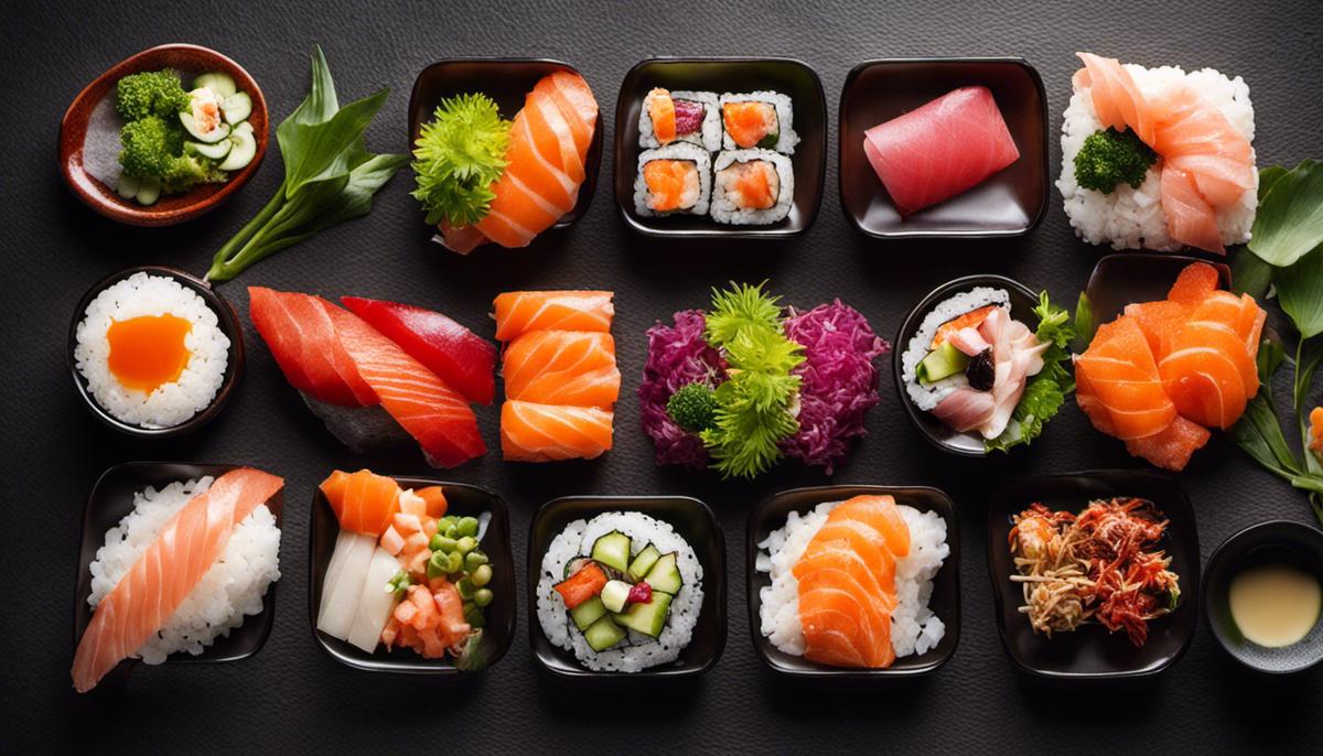 Imagen de ingredientes exóticos de sushi, que muestra los sabores, texturas y elementos visuales únicos que agregan a la experiencia culinaria.