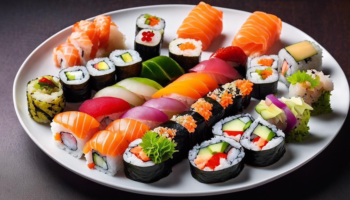 A plate of beautifully arranged sushi rolls with vibrant colors and fresh ingredients.