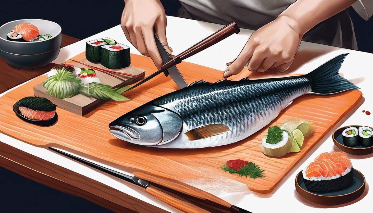 Ilustración de una persona cortando un pescado para sushi, mostrando precisión y atención al detalle