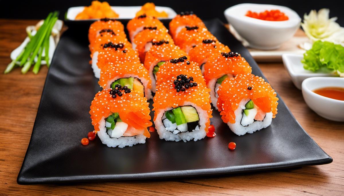 A plate of sushi rolls topped with fish roe, with vibrant colors and small orange beads bursting with flavor.