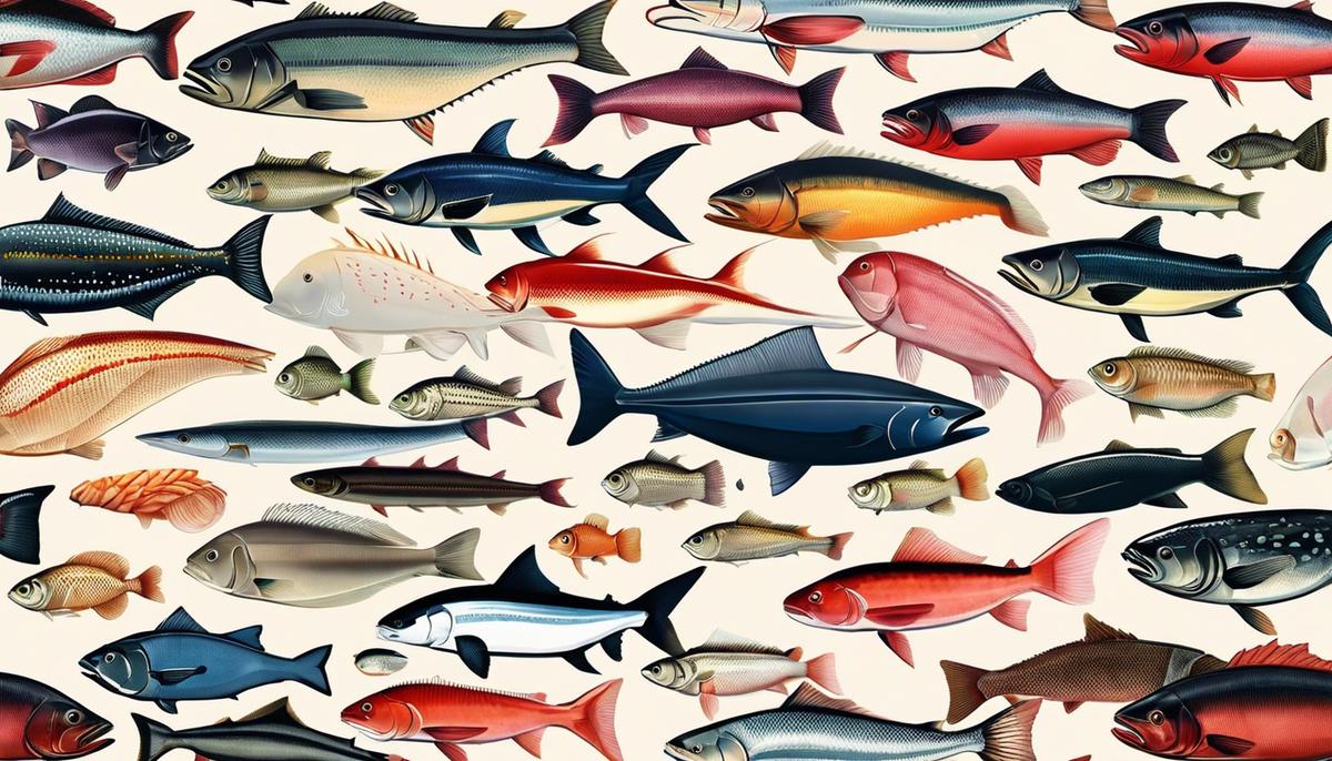 Various fish species used for sushi, including tuna, salmon, seabass, scallops, octopus, snapper, and eel.