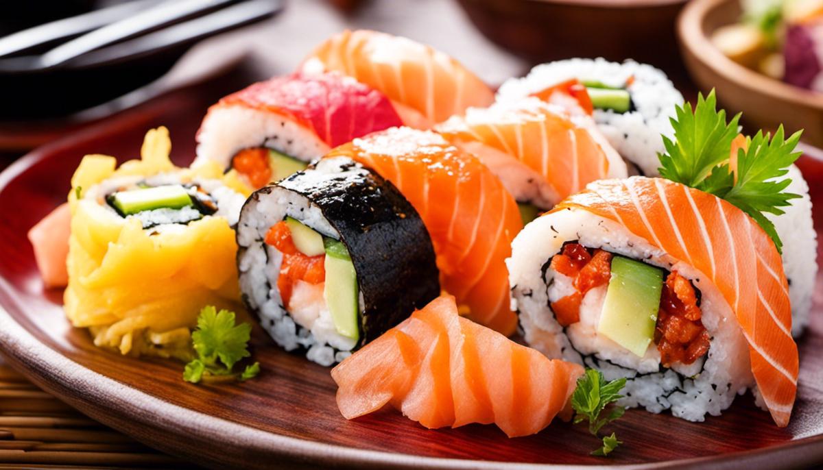 A plate of delicious sushi rolls with fresh and colorful fish slices on top.