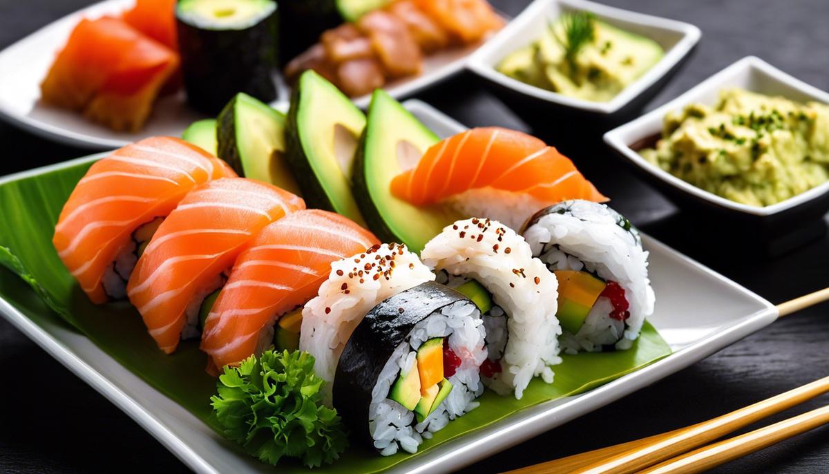 Imagen de Plato de sushi y aguacate, una opción de comida popular y de moda.