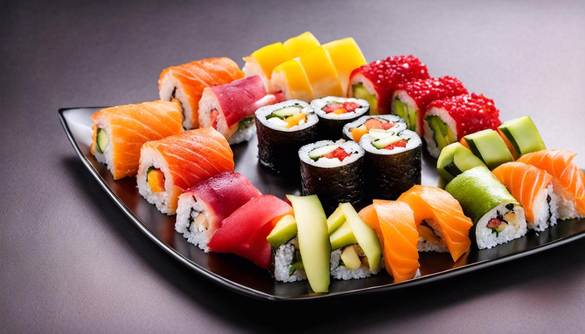 A colorful image showcasing different types of fruit sushi rolls on a plate.
