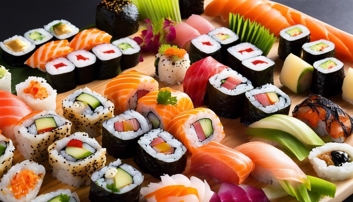 Un plato de sushi fusión con varios rollos de colores, exhibiendo creatividad tanto en la presentación como en los sabores