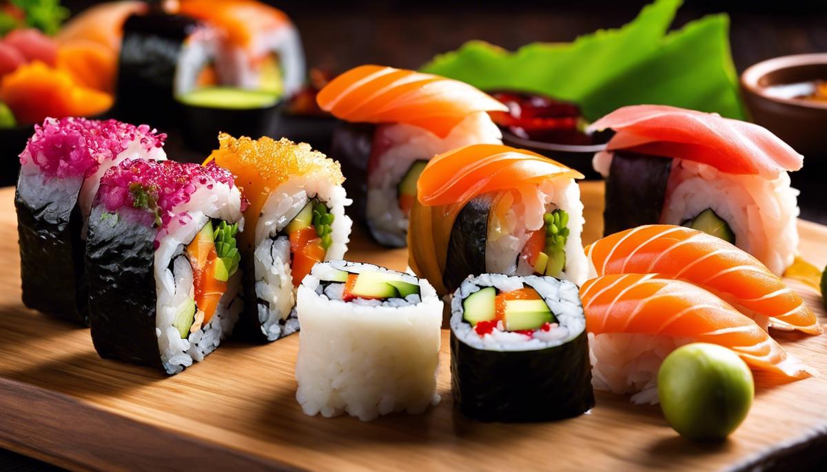 Una imagen de coloridos rollos de sushi fusión con varios ingredientes, que representan la creatividad y la innovación del sushi fusión.