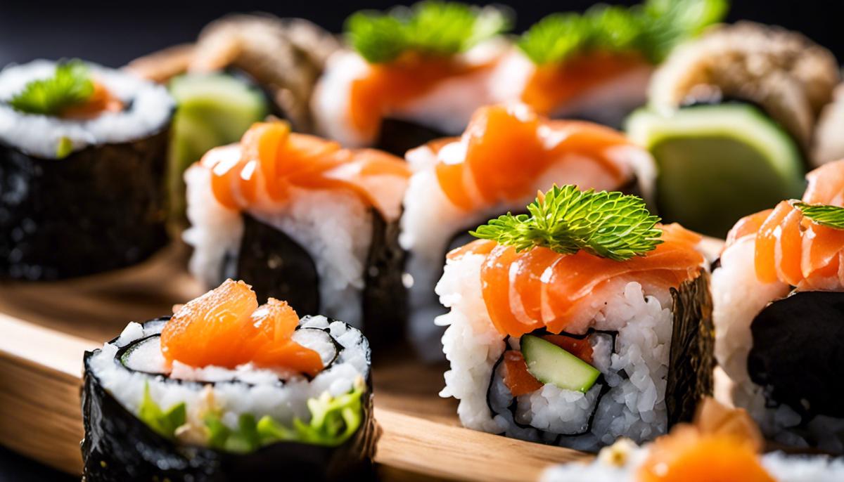 Una foto en primer plano de rollos de sushi con jengibre en rodajas encima, que muestra la fusión de sabores entre el jengibre y el sushi.