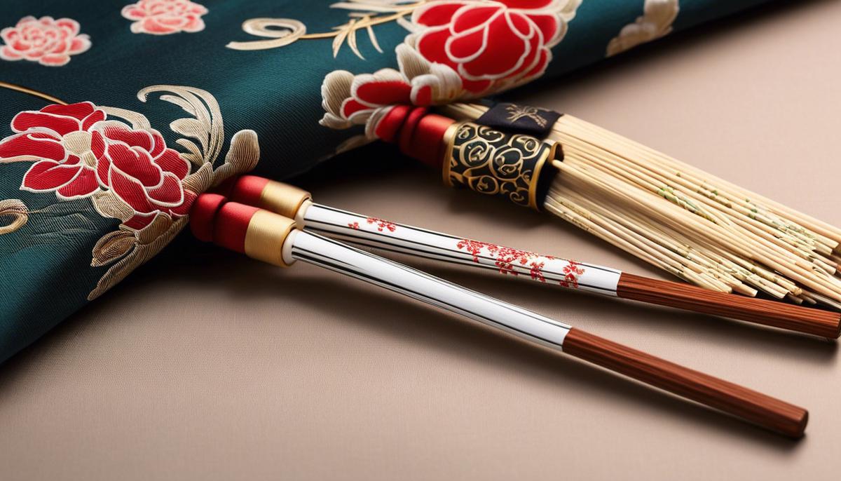 A pair of elegant chopsticks resting on a traditional Japanese fabric, representing the cultural significance of hashi in Japan.