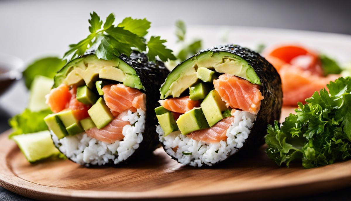 Image of a delicious inside-out roll with fresh salmon and avocado