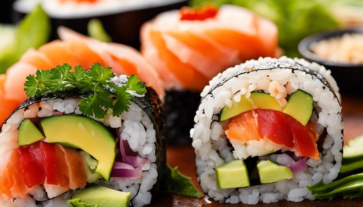Una imagen en primer plano de un sushi enrollado bellamente preparado de adentro hacia afuera con una variedad de ingredientes coloridos que incluyen pescado, aguacate y semillas de sésamo.