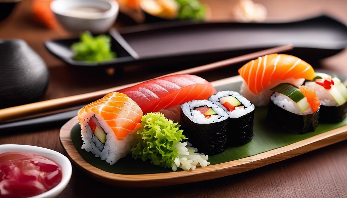 Una imagen visualmente atractiva de un cuchillo japonés y sushi, que muestra su atractivo estético y su delicia.