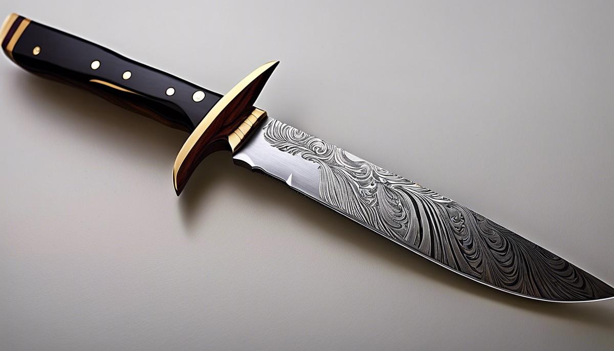 The image showcases a set of Japanese knives with a beautiful Damascus pattern on their blades.