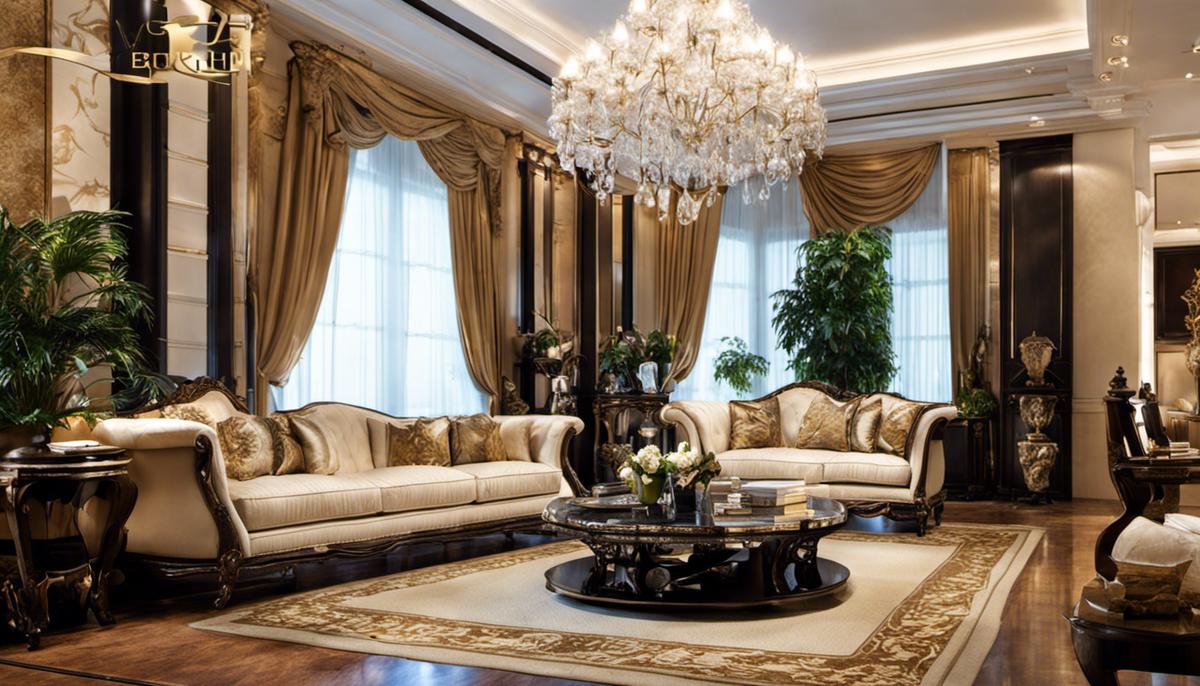 Descripción de la imagen: una lujosa sala de estar con muebles elegantes y hermosas decoraciones