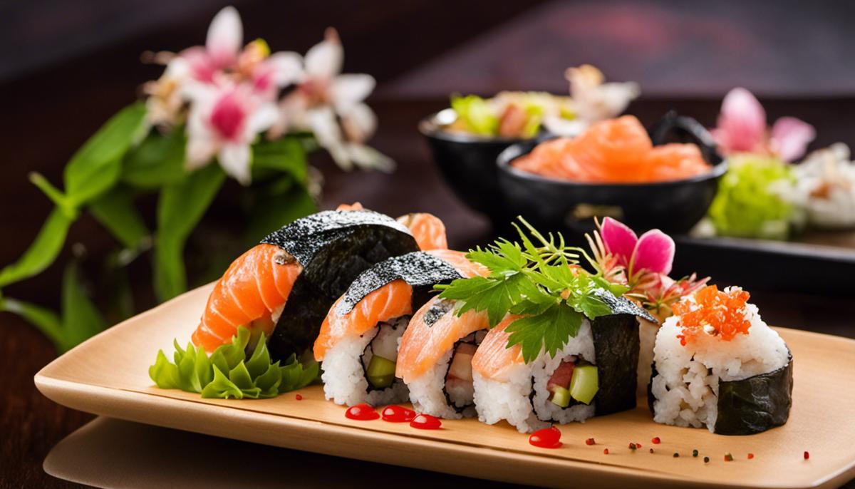 Ein kunstvoll arrangiertes Luxus-Sushi-Gericht mit frischen und exquisiten Zutaten, das die hohe Qualität und die kulturelle Bedeutung des Luxus-Sushi-Erlebnisses widerspiegelt