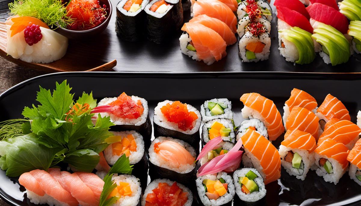 Un delicioso plato de sushi de lujo con ingredientes frescos y vibrantes dispuestos en una presentación artística.