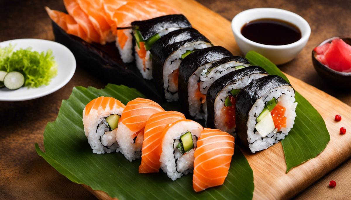 Eine Abbildung von den Zutaten für Maki-Sushi, darunter roher Fisch, Gemüse und Noriblätter.