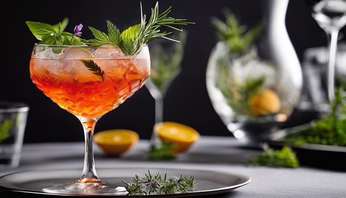 Un cóctel visualmente impresionante adornado con hierbas aromáticas y servido en una elegante copa de cristal.