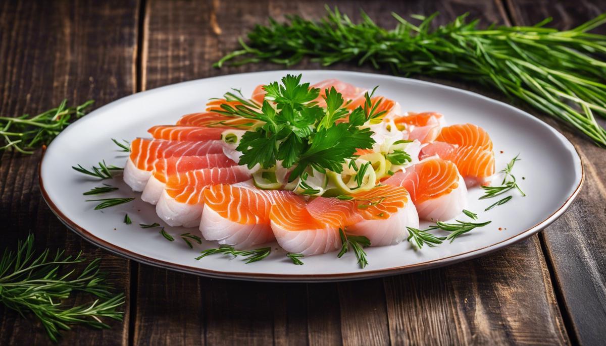 Un plato con rodajas de pescado crudo fresco cubierto con hierbas, que representa el artículo sobre los beneficios para la salud del pescado crudo.