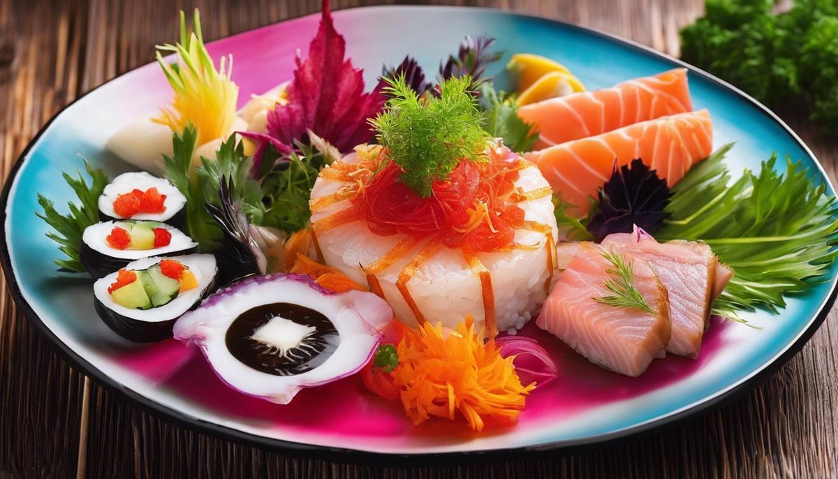 Una variedad de platos de pescado crudo presentados en un plato colorido con guarniciones decorativas.