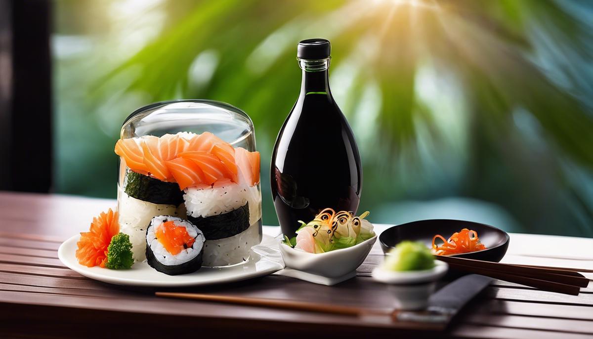 A bottle of rice vinegar with a bowl of sushi in the background.