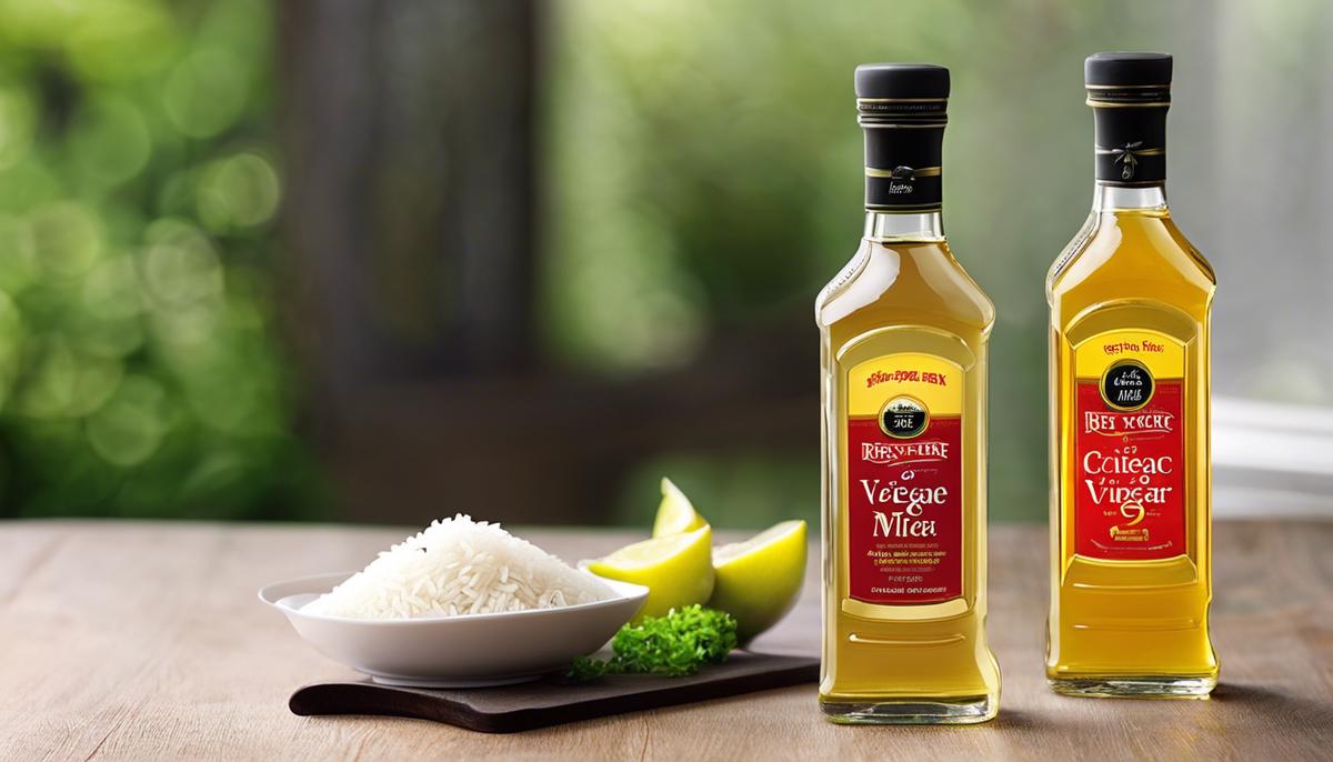 A bottle of rice vinegar, a staple in many kitchens.