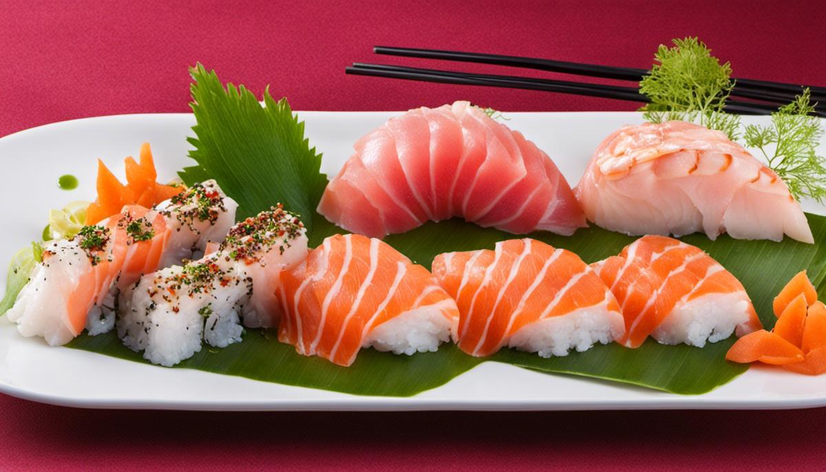 A beautifully arranged plate of Sashimi with fresh seafood slices and artistic presentation.
