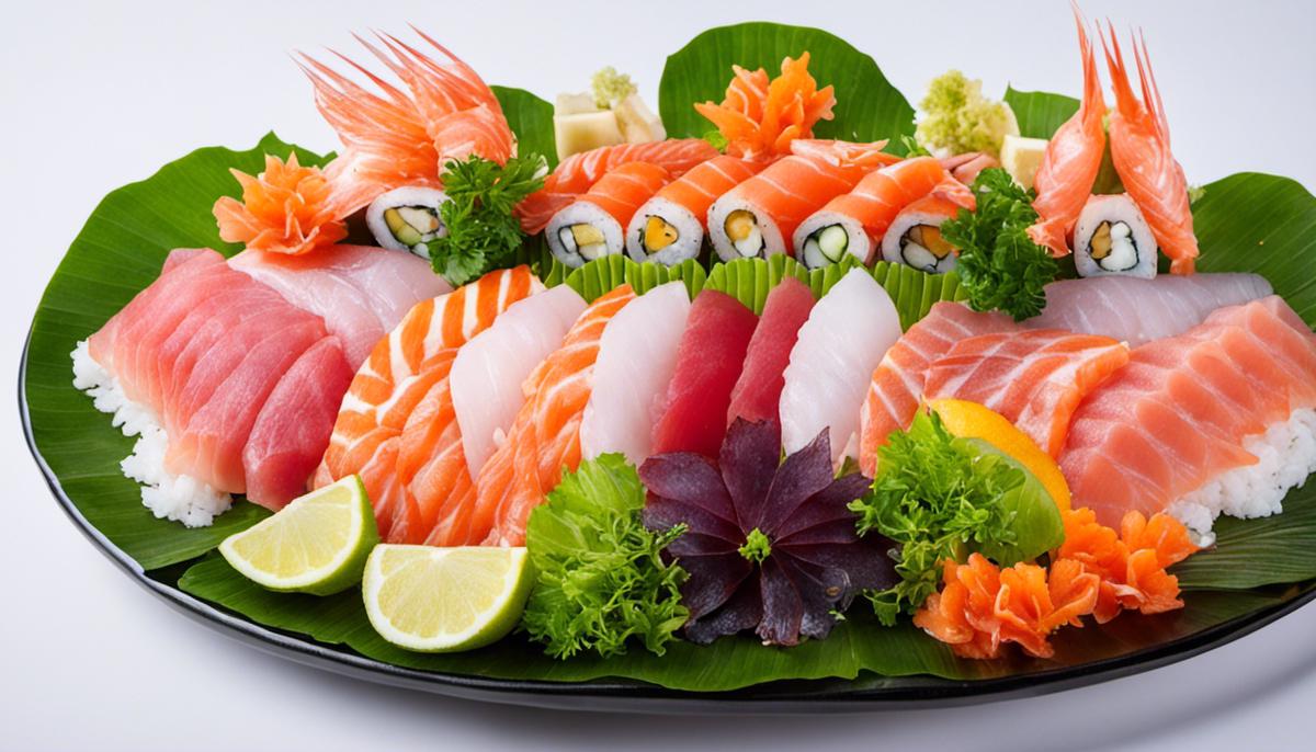 A visually appealing plate of sashimi with a variety of colorful, freshly cut seafood, carefully arranged on a bed of green leaves.