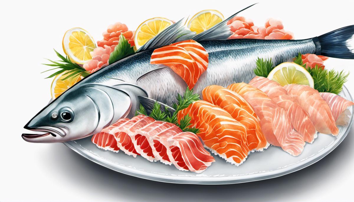 Ilustración de sashimi recién cortado con varios tipos de pescado en un plato