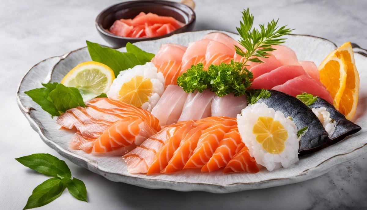 Una imagen de un plato de sashimi bellamente arreglado con varios tipos de pescado crudo, adornado con hierbas y rodajas de cítricos.