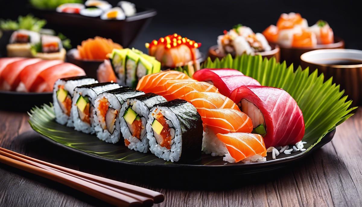 Imagen de diferentes platos de comida callejera y rollos de sushi apilados en un plato.