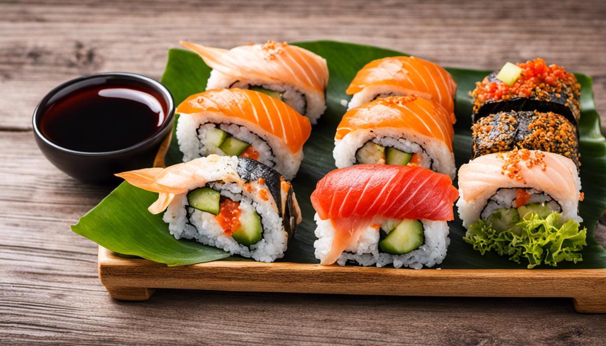 A plate of sushi rolls with assorted fillings and toppings, beautifully arranged on a wooden platter.