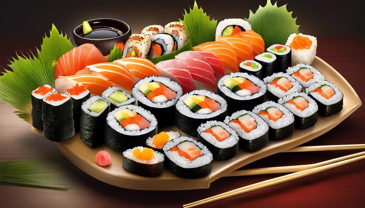 A delicious platter of sushi rolls, showcasing the artistry and variety of the Japanese dish.