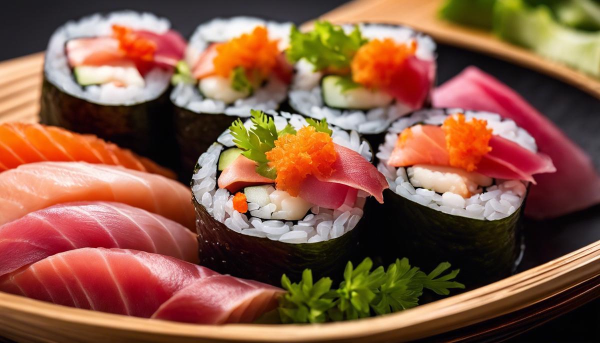 Una imagen en primer plano del delicioso sushi de carne de cangrejo, mostrando sus colores vibrantes y su delicada presentación