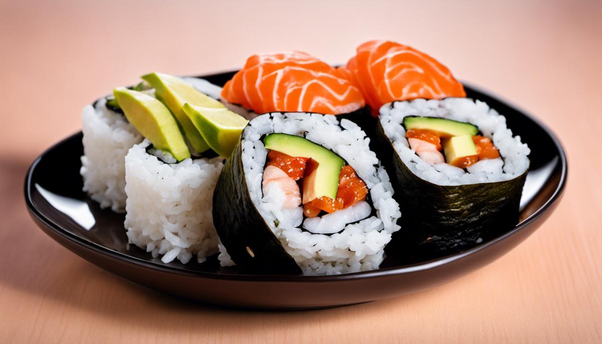 Una imagen de rollos de sushi bellamente arreglados con tonos vibrantes de salmón y aguacate sobre una cama de arroz blanco esponjoso.