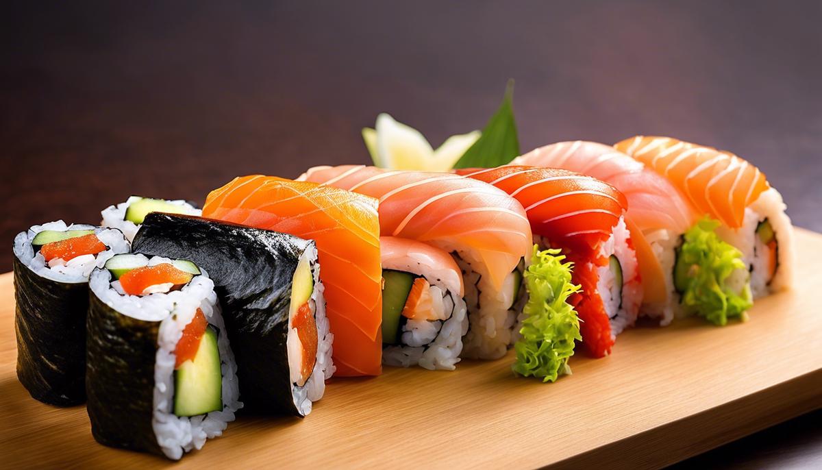 Una imagen visualmente atractiva de varios rollos de sushi bellamente dispuestos.