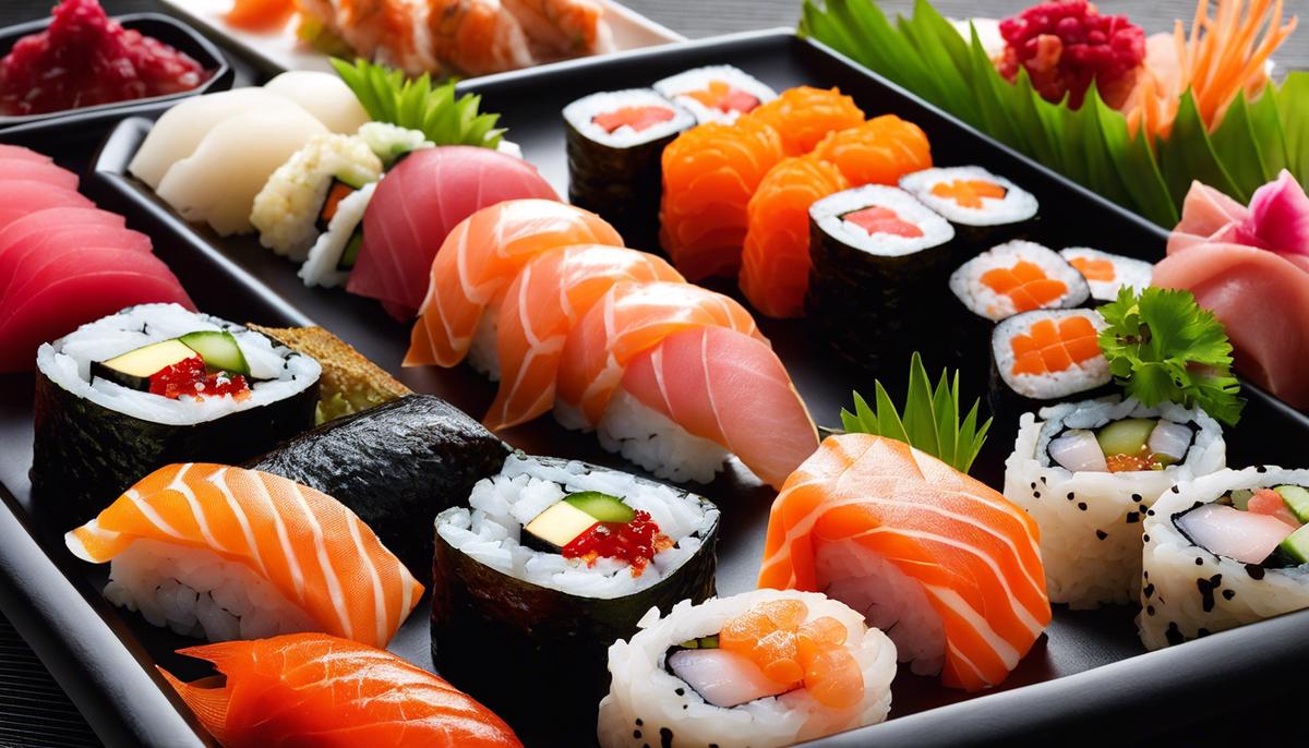 Una hermosa exhibición de varios tipos de rollos de sushi y sashimi, mostrando sus colores vibrantes y su disposición precisa.