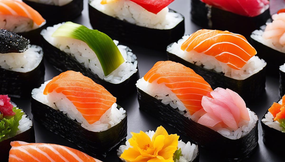 Eine visuell ansprechende Darstellung von Sushi, mit sorgfältig arrangierten Farben und einer ästhetischen Präsentation.