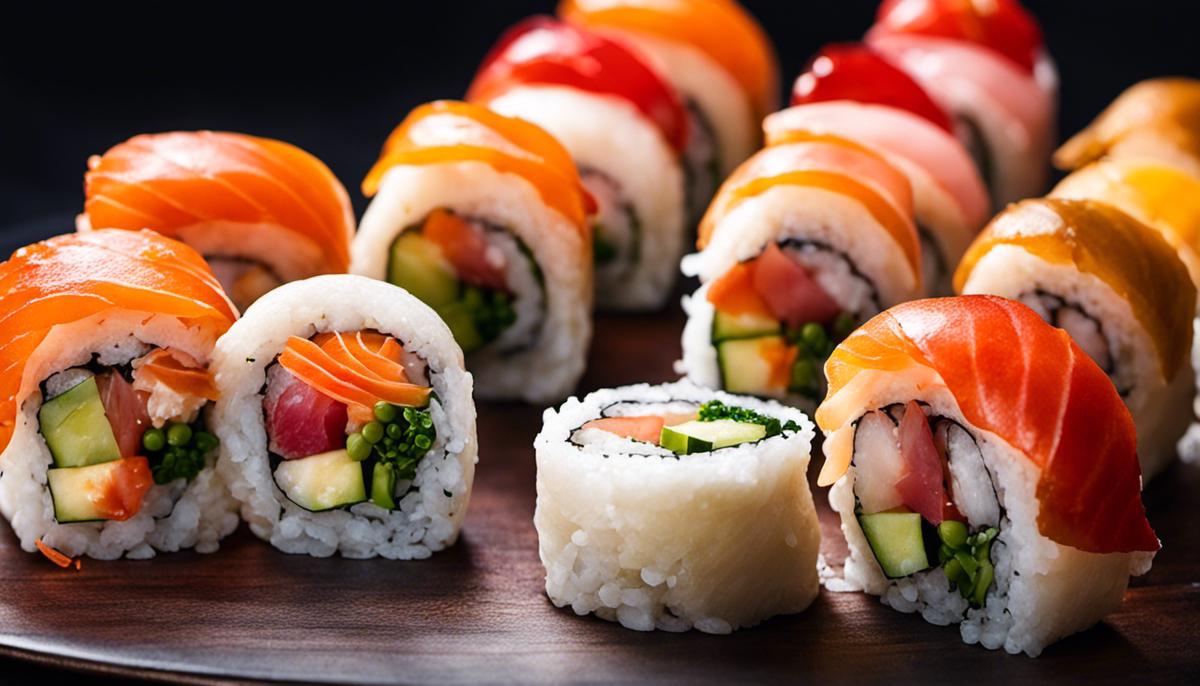 Una imagen en primer plano de rollos de sushi bellamente dispuestos, que muestra la estética artística de la cocina de sushi.